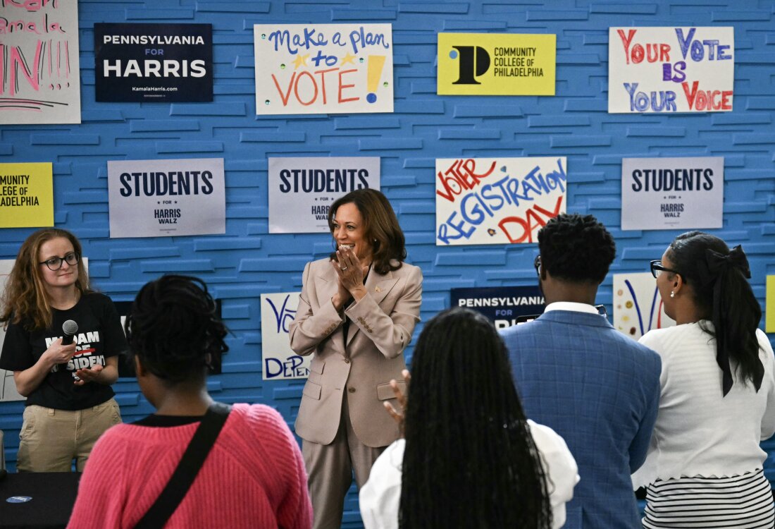 US Vice President and Democratic presidential candidate Kamala Harris speaks to student volunteers during a stop at the Community College of Philadelphia during a voter registration training session, in Philadelphia.