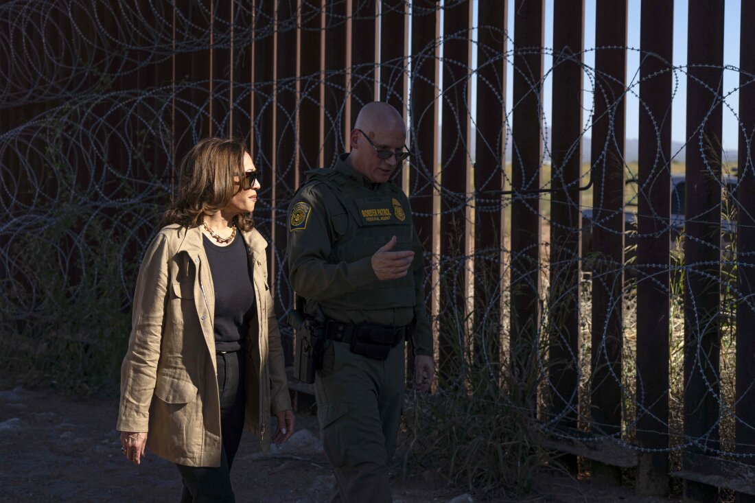 Vice President Harris visits the U.S.-Mexico border with Border Patrol Tucson Sector chief John Modlin in Douglas, Ariz., on Sept. 27, 2024.