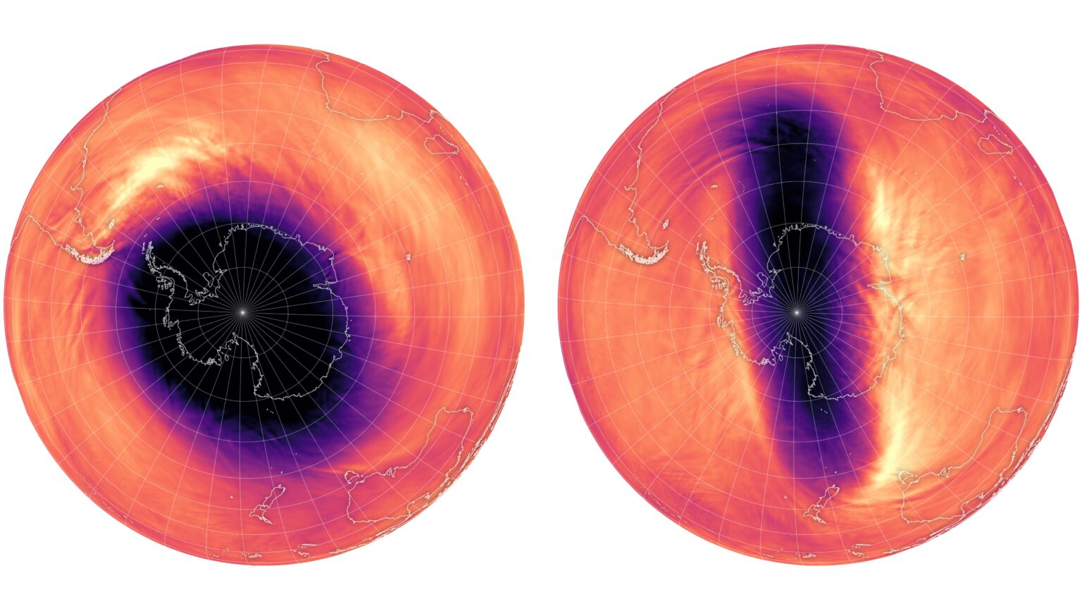 Two diagrams of Earth showing the polar vortex above Antarctica in 2023 (left) and 2024 (right).