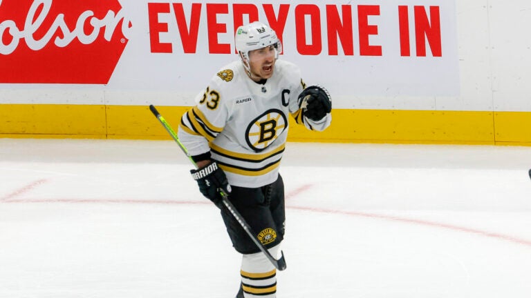 Boston Bruins left wing Brad Marchand (63) reacts after scoring a goal against the Toronto Maple Leafs during secondv period action in game four of the Eastern Conference NHL Playoffs at Scotiabank Arena.