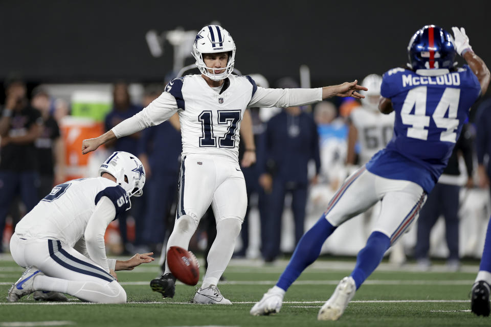 Dallas Cowboys kicker Brandon Aubrey missed a field goal that was huge for bettors. (AP Photo/Adam Hunger)