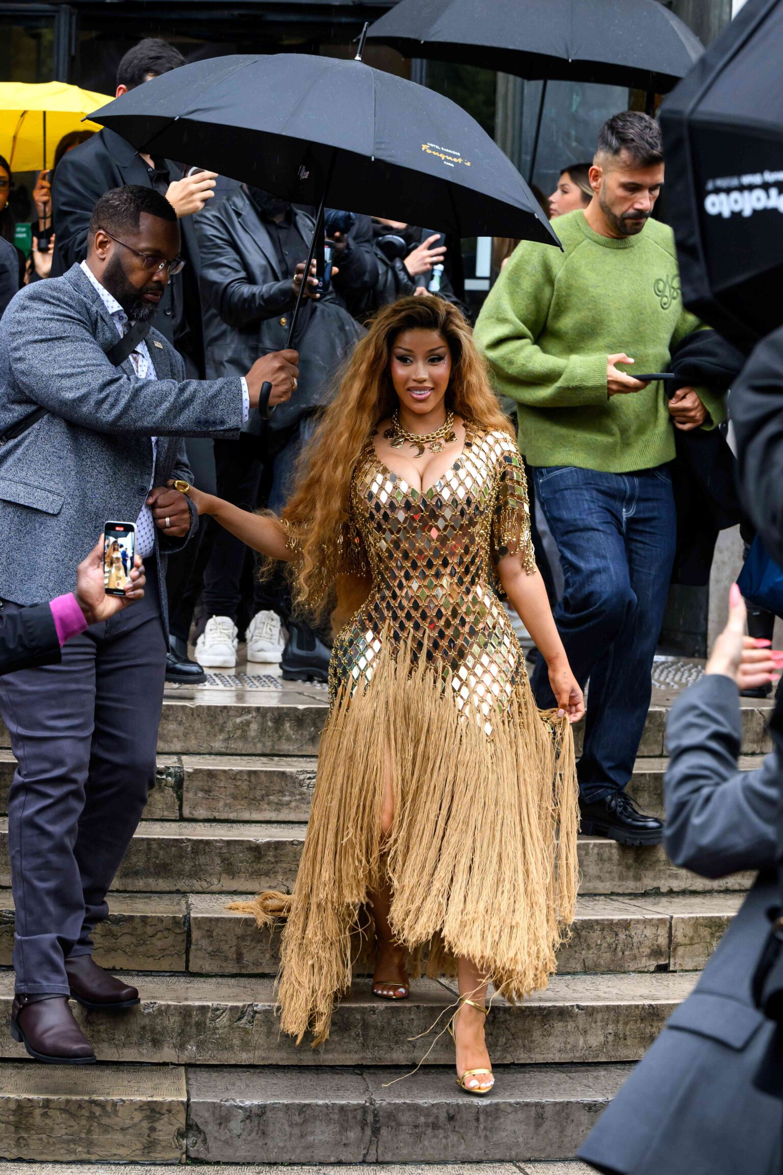 Cardi B Wore a Golden Chainmail Dress to Paris Fashion Week Two Weeks After Giving Birth