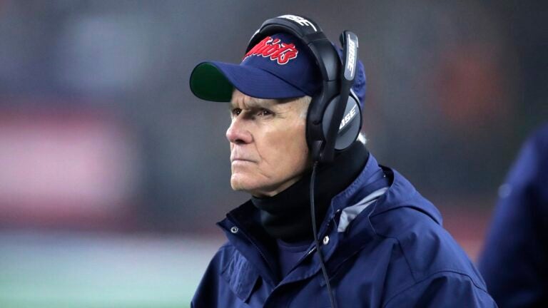 New England Patriots offensive line coach Dante Scarnecchia watches from the sideline in the first half of an NFL wild-card playoff football game against the Tennessee Titans, Saturday, Jan. 4, 2020, in Foxborough, Mass.