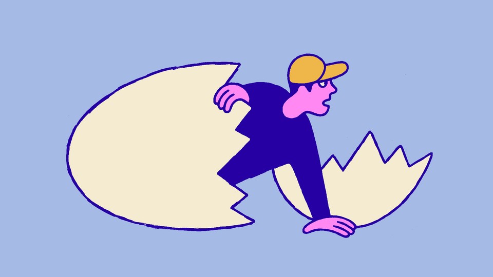 a cartoon drawing of a figure in a baseball cap crawling out of an egg shell