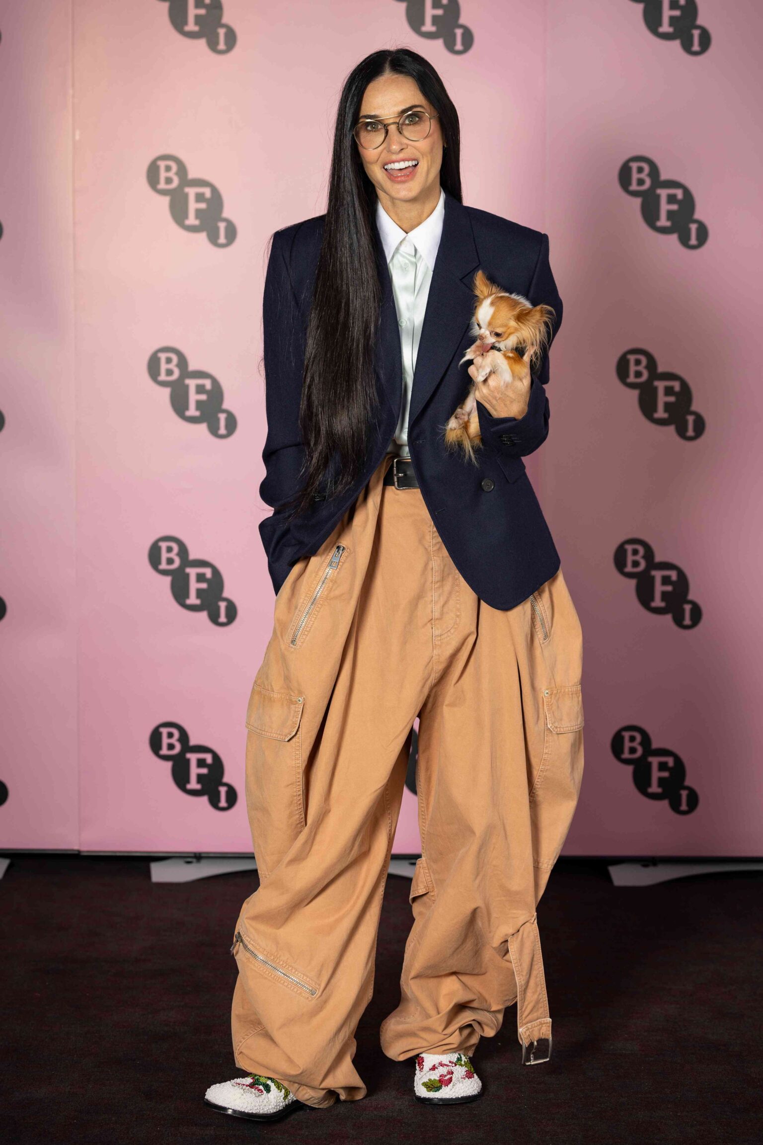 Demi Moore Matched Her Dog in Slouchy Parachute Pants and a Preppy Blazer