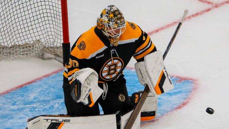 Boston Bruins goalie Brandon Bussi in net as he warms up before they play the New York Rangers during NHL pre-season action at TD Garden.