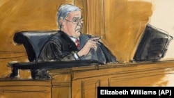 In this courtroom sketch, Judge Lewis Kaplan sentences Caroline Ellison at Manhattan federal court in New York, Sept. 24, 2024. (Elizabeth Williams via AP)