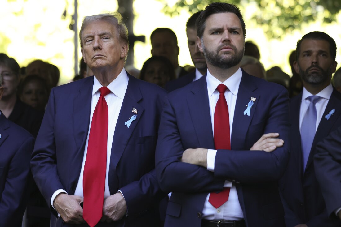 Republican presidential nominee former President Donald Trump and Republican vice presidential nominee Sen. JD Vance, R-Ohio, attend the 9/11 Memorial ceremony on the 23rd anniversary of the Sept. 11, 2001 attacks, Wednesday, Sept. 11, 2024, in New York.