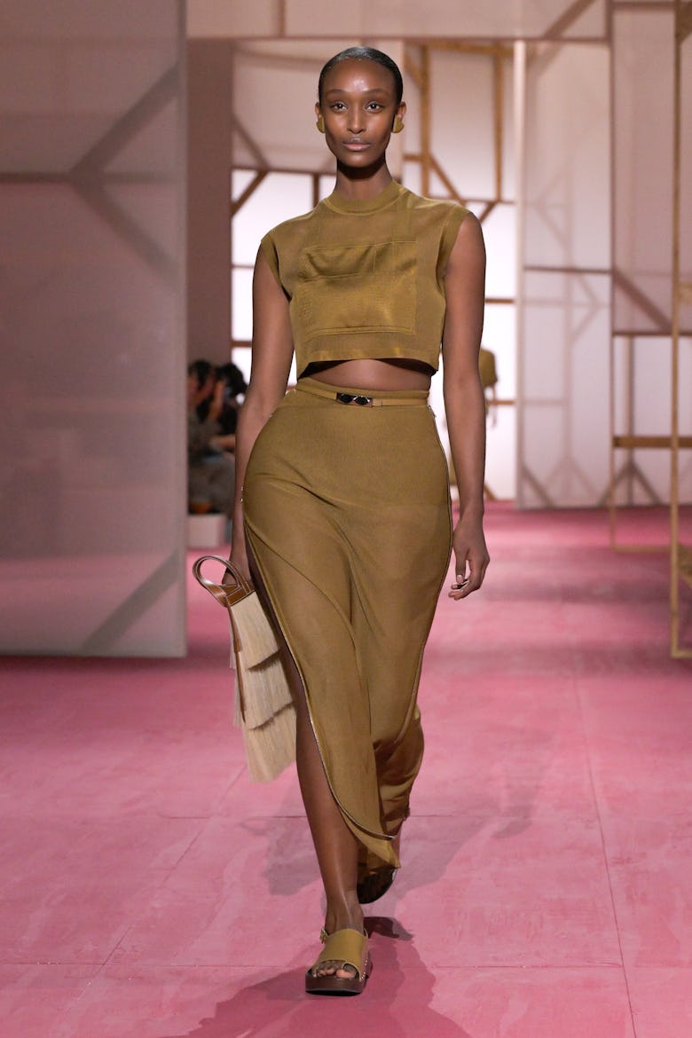 Model on the runway at Hermès RTW Spring 2025 as part of Paris Ready to Wear Fashion Week held at Ga...