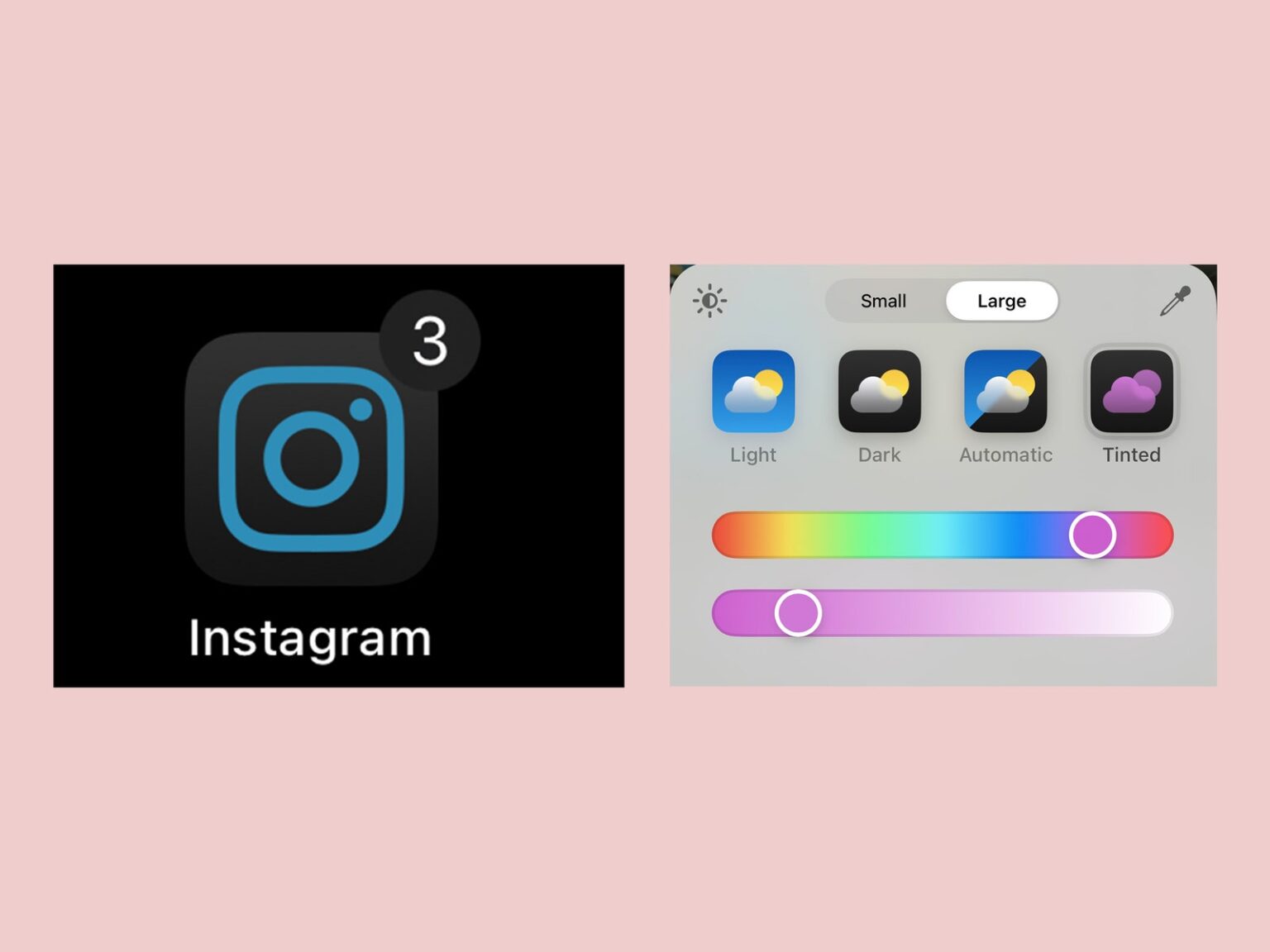 Screenshot of mobile phone Instagram app icon and of a color editing tool to change the color of the icon