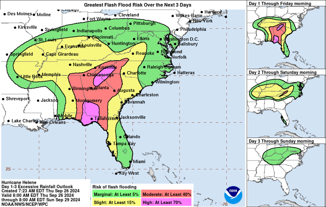 Flash flood risk over the next three days as Hurricane Helene approaches landfall.