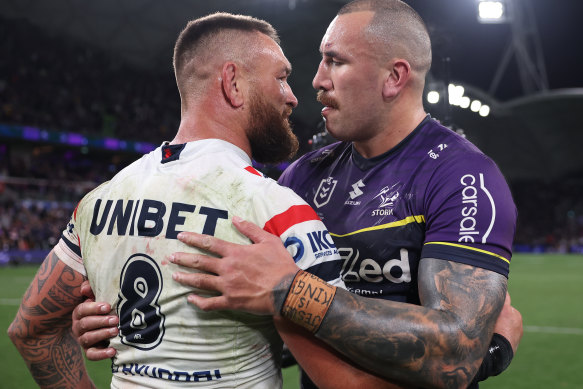 Nelson Asofa-Solomona (right) embraces Jared Waerea-Hargreaves.