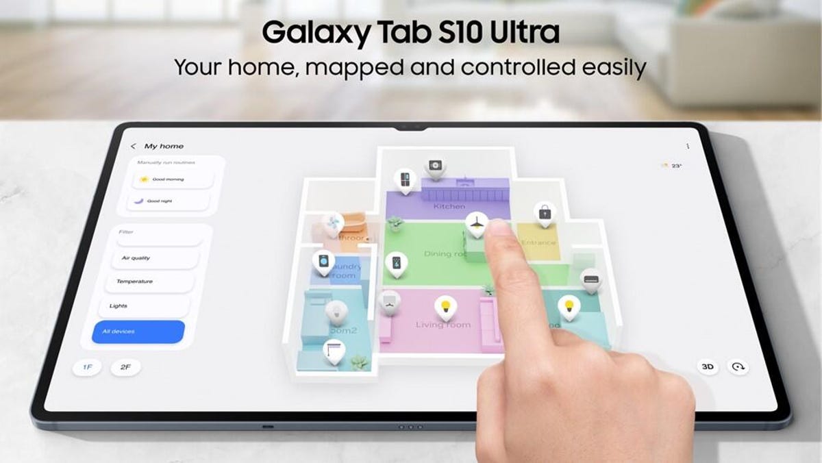 A Samsung tablet is shown with a map of a home that allows users to control their home-AI devices.