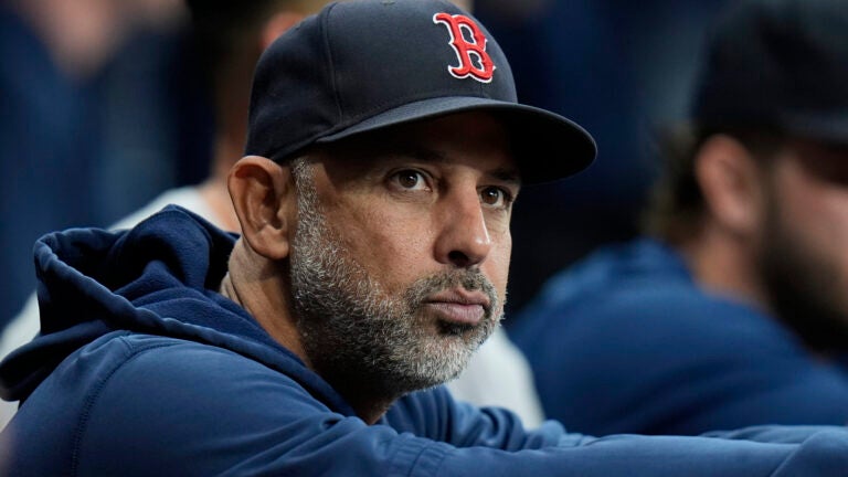 Boston Red Sox manager Alex Cora watches against the Tampa Bay Rays during the first inning of a baseball game Wednesday, Sept. 18, 2024, in St. Petersburg, Fla.