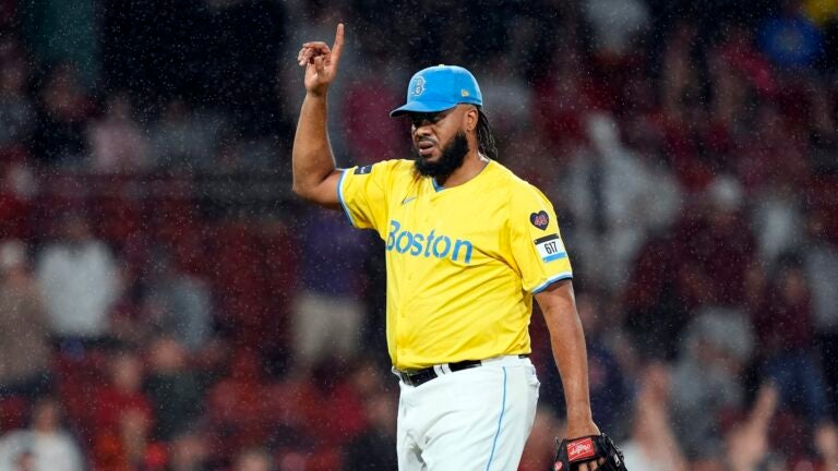 Boston Red Sox closer Kenley Jansen reacts to the fly out by Chicago White Sox's Andrew Benintendi to end the baseball game in the ninth inning, Saturday, Sept. 7, 2024, in Boston.