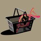 Color illustration of a giant double helix in a shopping basket