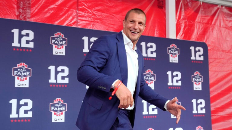 Former New England Patriots tight end Rob Gronkowski arrives for the Patriots Hall of Fame induction ceremony for former Patriots quarterback Tom Brady, at Gillette Stadium on Wednesday, June 12, 2024, in Foxborough, Mass.