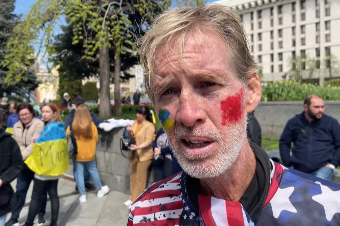 This image taken from a video shows Ryan Routh speaking during an interview at a rally in Kyiv, Ukraine on April 27, 2022. Routh is accused of trying to assassinate former President Donald Trump at his West Palm Beach, Fla., golf course on Sept. 15.