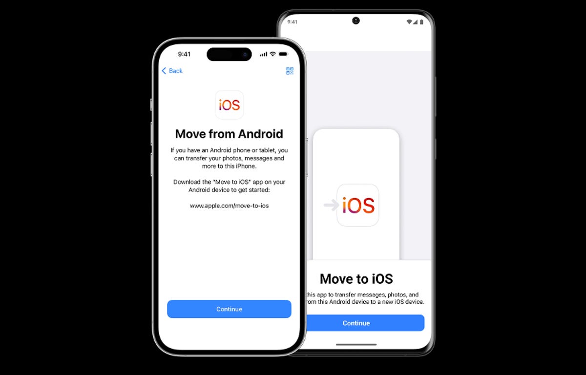 The iPhone's setup screen next to the Move to iOS app on an Android phone