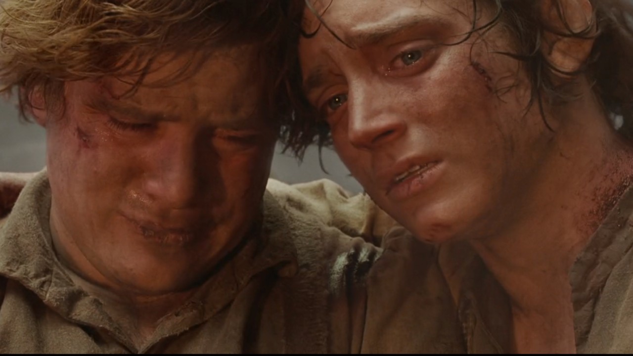 Sam and Frodo crying together after suriving Mount Doom.