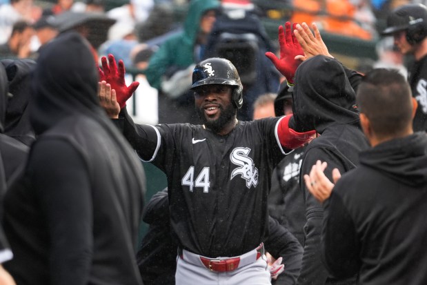 White Sox designated hitter Bryan Ramos celebrates his home run against the Tigers in the second inning on Sept. 28, 2024, in Detroit. (Paul Sancya/AP)