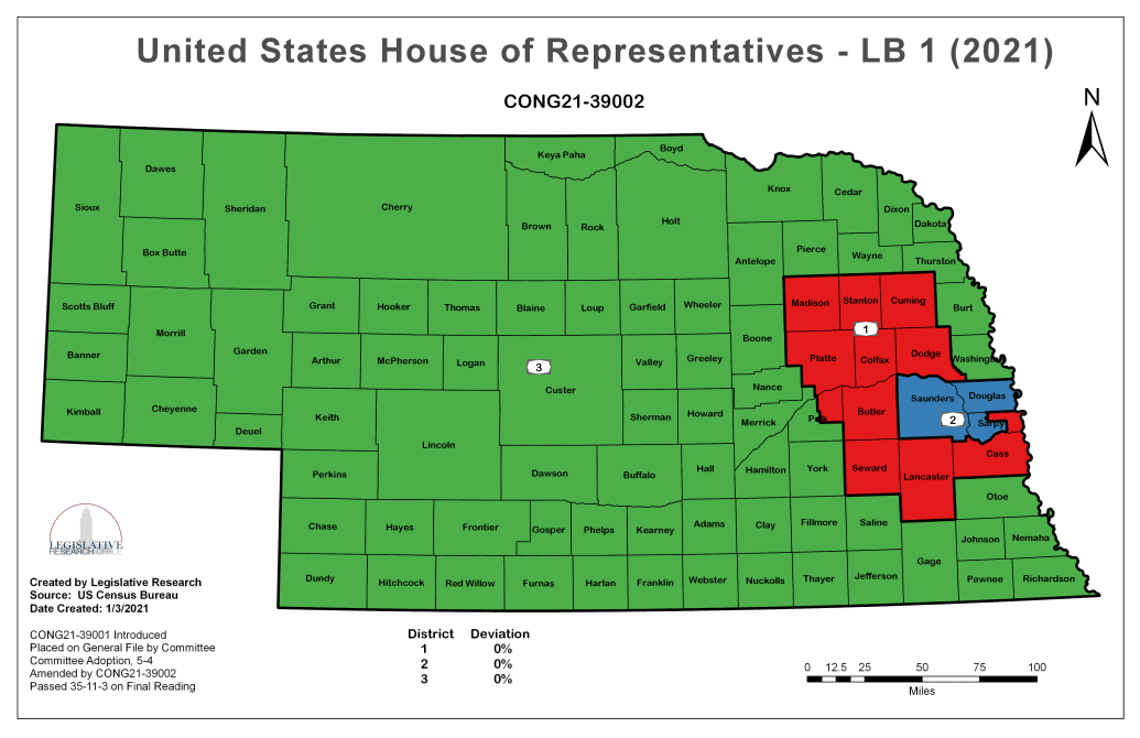 District 2, which is highlighted in blue and includes Omaha, was won by Joe Biden in 2020’s presidential election.