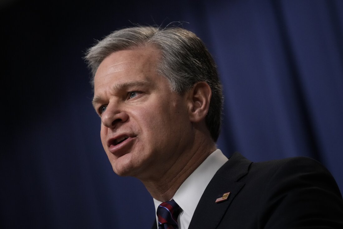 FBI Director Christopher Wray speaks during a news conference in 2023.