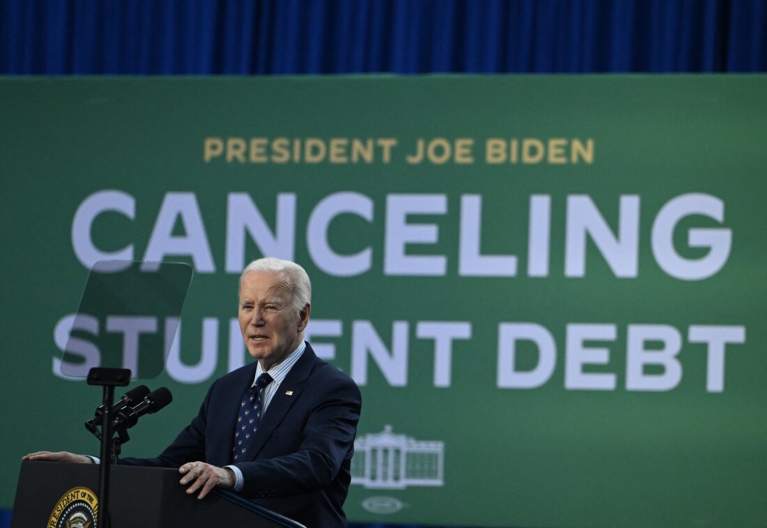 President Joe Biden speaks about student loan relief at Madison College in Madison, Wisconsin, on April 8.