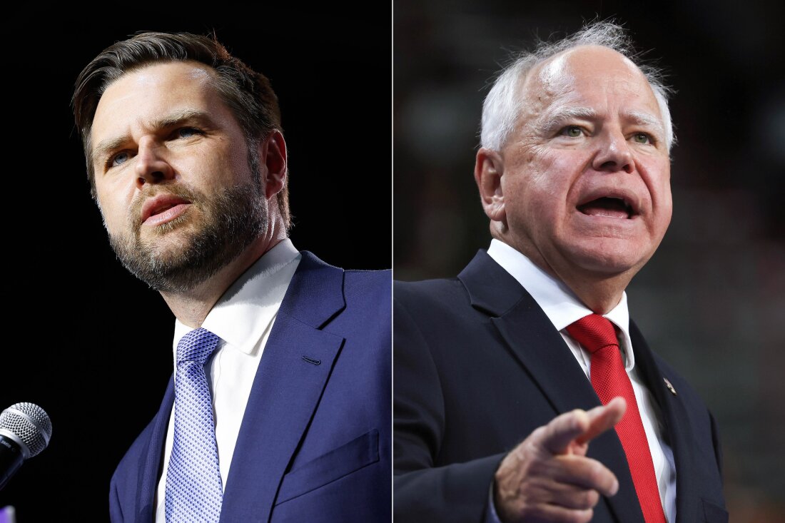 Left: Republican vice presidential nominee Sen. JD Vance of Ohio speaks at a campaign rally on July 30 in Reno, Nevada. Right: Democratic vice presidential candidate Minnesota Gov. Tim Walz speaks during a campaign rally with his running mate, Vice President Harris, at the University of Las Vegas Thomas & Mack Center on August 10 in Las Vegas.