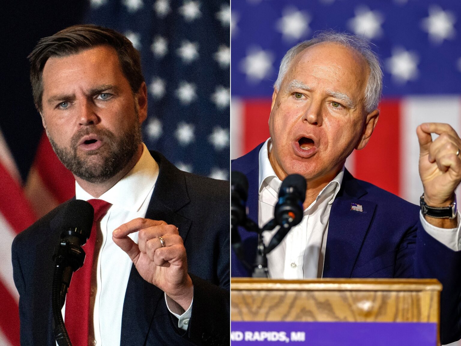 PHOTO: Republican Vice Presidential nominee Senator JD Vance speaks in Phoenix, Arizona, Sept. 5, 2024. | Vice President candidate and Minnesota Governor Tim Walz speaks in Grand Rapids, Michigan, Sept. 12, 2024.