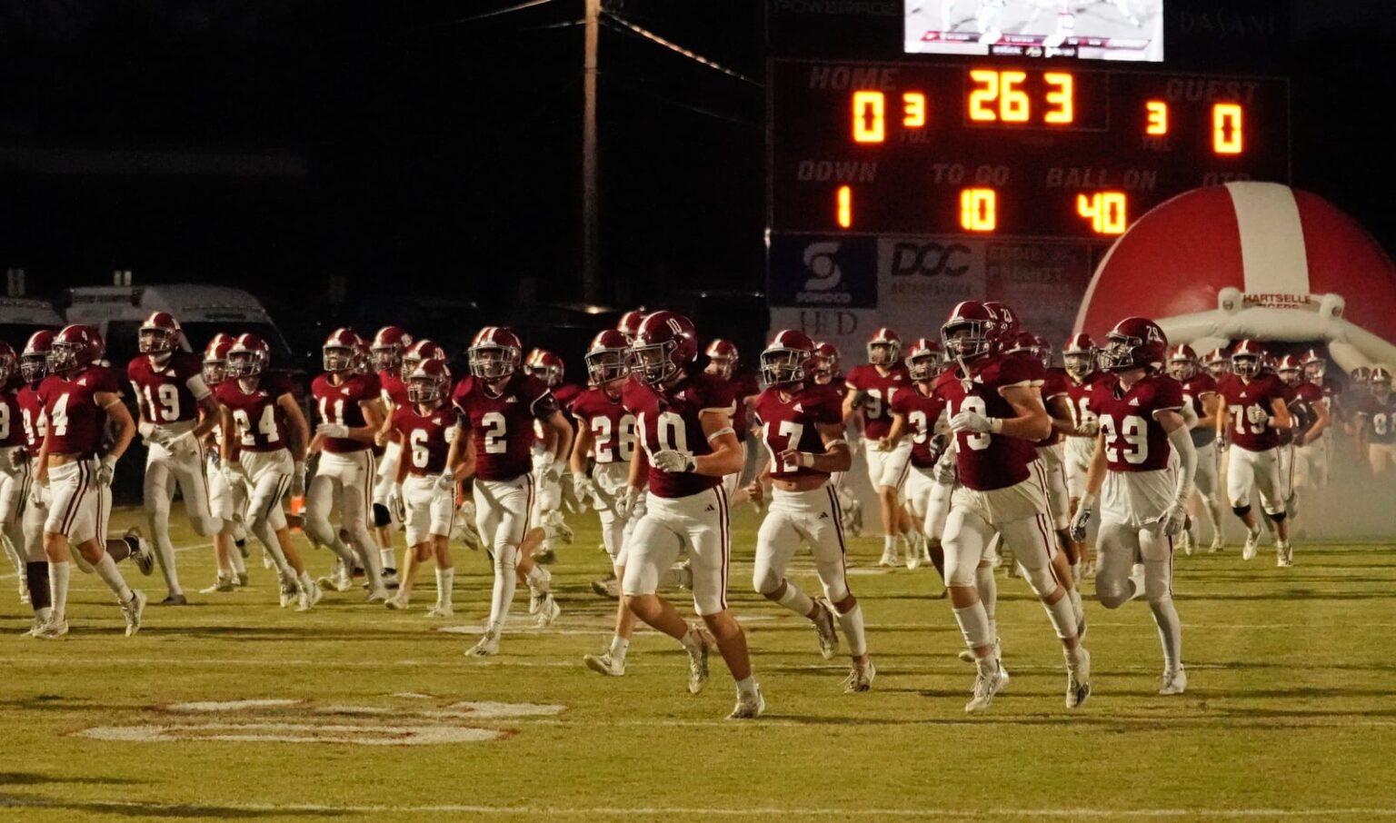 Hartselle players take the field. Oxford vs. Hartselle High School football  at J.P. Cain Stadium in Hartselle, Ala. Sept.29, 2023. (Bob Gathany | preps@al.com)