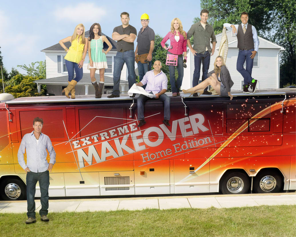 Walt Disney Television via Getty Images's Extreme Makeover: Home Edition stars Ty Pennington, Leigh Anne Tuohy, Jillian Harris, John Littlefield, Paul Dimeo, Ed Sanders, Paige Hemmis, Eduardo Xol, Tracy Hutson and Michael Moloney