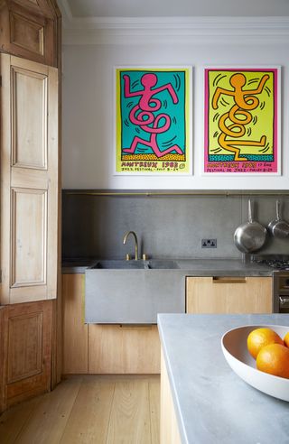 A kitchen with natural stone counter