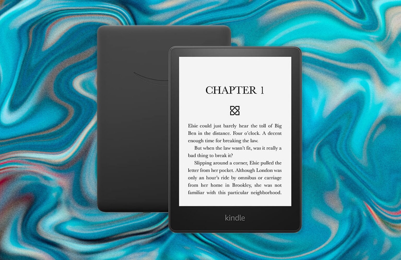 The back view of a black tablet beside the front view of the same tablet displaying the page of an ebook. Decorative...