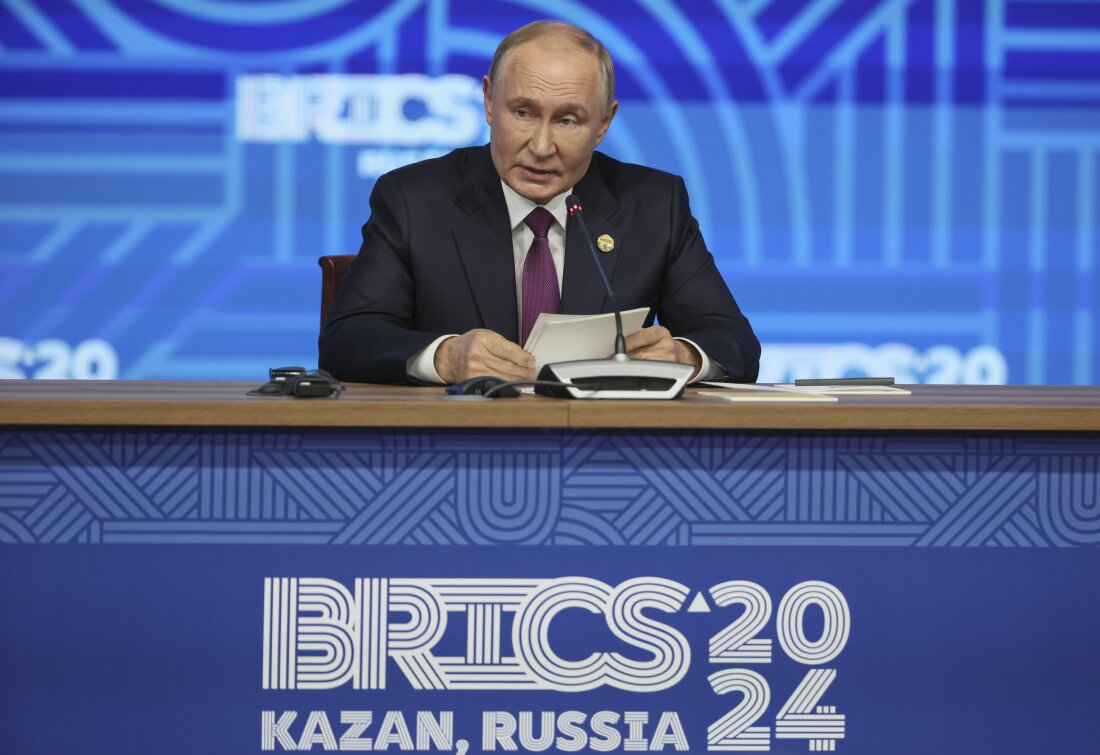 Russian President Vladimir Putin holds a press conference at BRICS Summit in Kazan, Russia, Thursday, Oct. 24, 2024