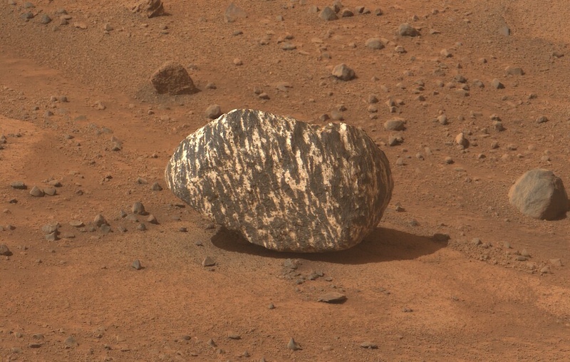 'zebra rock' on Mars: Ovalish rock with alternating black and white stripes, sitting on reddish pebbly terrain.