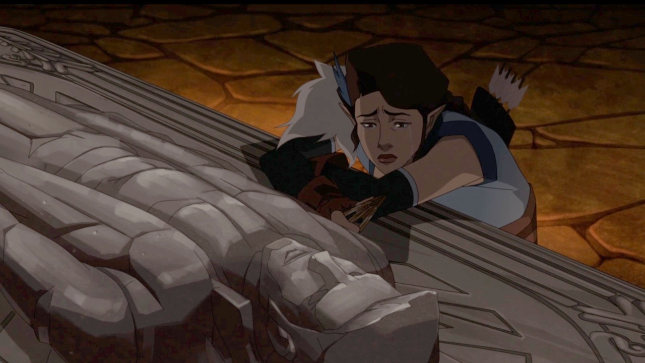 Vex mourning Percy with his arrowhead in The Legend of Vox Machina Season 3x08