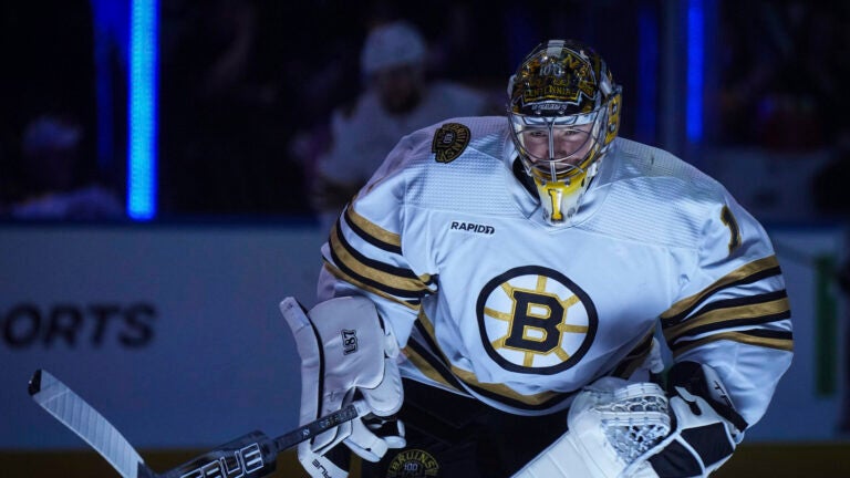 Boston Bruins goalie Jeremy Swayman skates onto the ice before an NHL hockey game against the Vancouver Canucks in Vancouver, British Columbia, Saturday, Feb. 24, 2024.