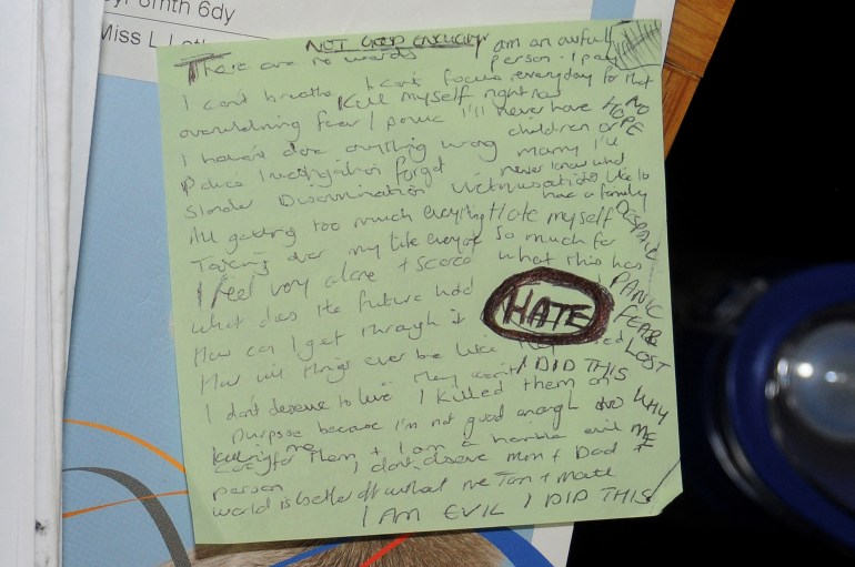 An undated handout image released by Cheshire Constabulary police force in Manchester on August 17, 2023, shows a hand-written note alongside the 2016 Diary of nurse Lucy Letby.