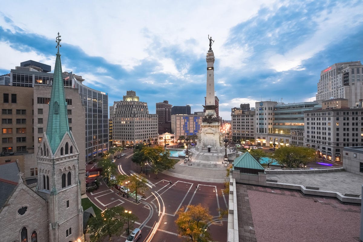 Aerial view of the Soldiers and Sailors Monument on Monument Circle in Indianapolis.