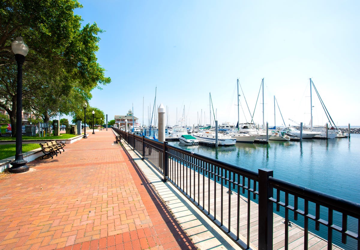 Boats in a harbor on a summer morning in Pensacola, Florida.