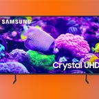 43-inch Samsung DU7200 series UHD 4K smart TV on an orange gradient