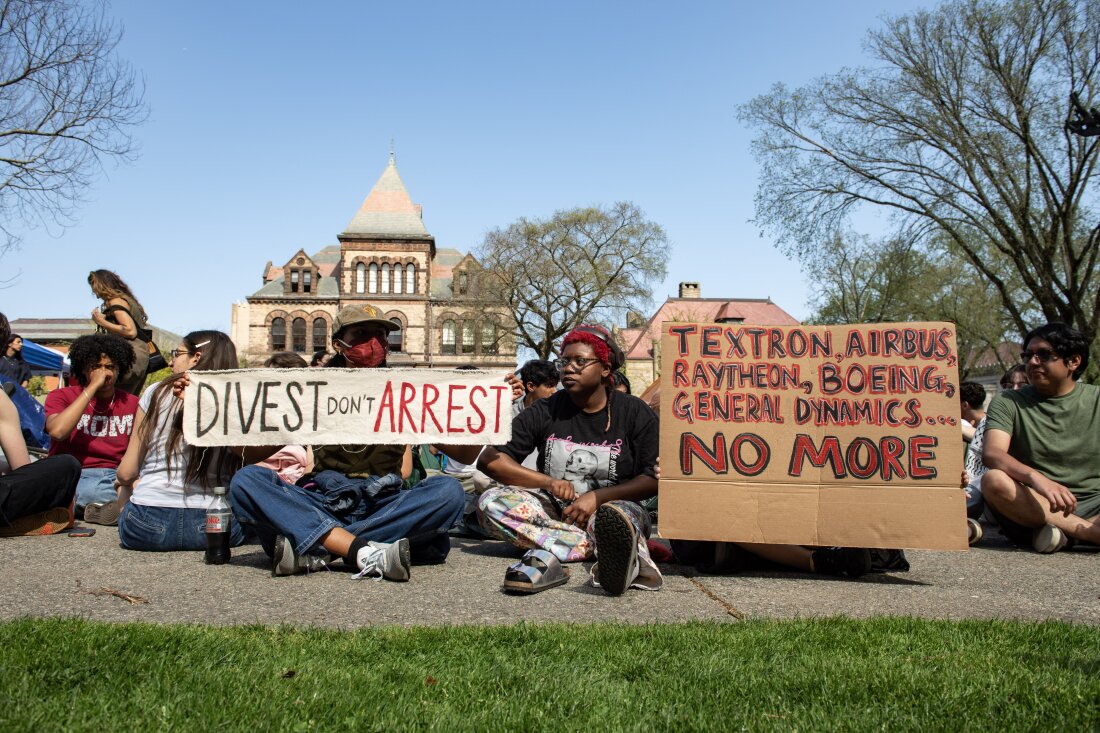 Pro-Palestinian protestors rally at Brown University in April as their delegation met with school leaders on campus in Providence, R.I.