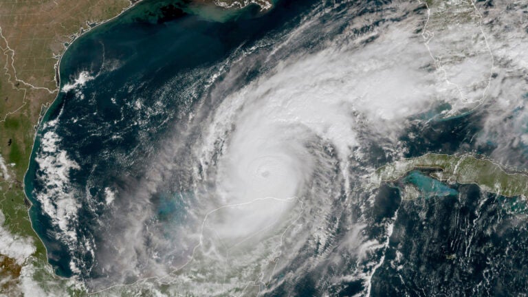 GeoColor satellite image taken at 12:15 p.m. EDT and provided by National Oceanic and Atmospheric Administration (NOAA) shows Hurricane Milton in the Gulf of Mexico, off the coast off Mexico’s Yucatan Peninsula Tuesday, Oct. 8, 2024.