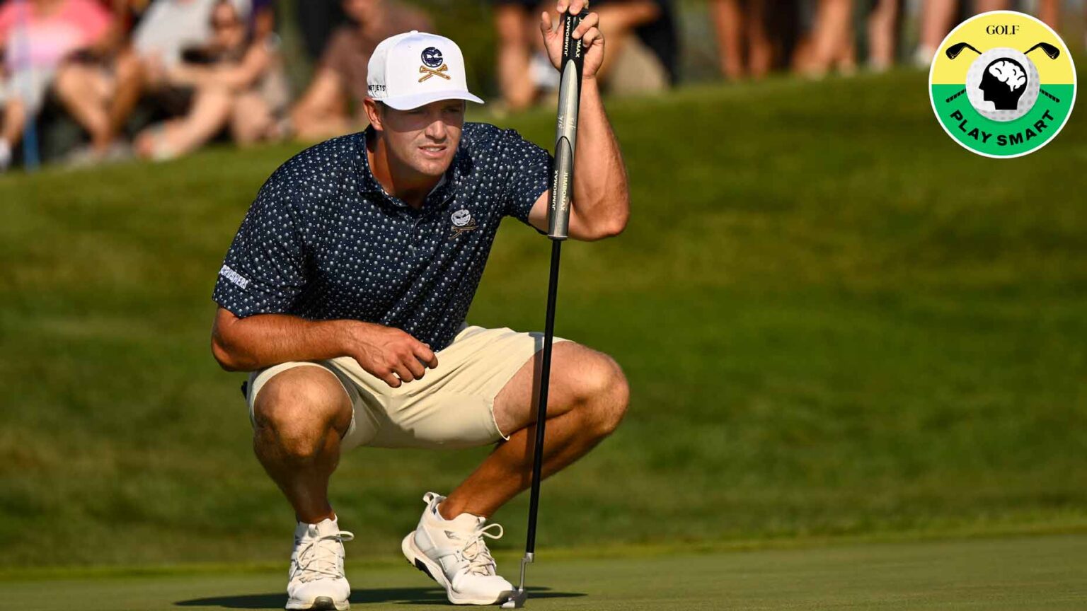 bryson dechambeau reads a putt during the 2024 LIV chicago tournament