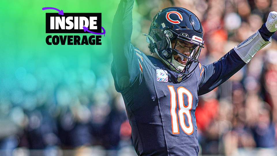 CHICAGO, IL - OCTOBER 06: Chicago Bears quarterback Caleb Williams (18) celebrates after a touchdown is scored in action during a game between the Chicago Bears and the Carolina Panthers on October 06, 2024 at Soldier Field, in Chicago, IL. (Photo by Robin Alam/Icon Sportswire via Getty Images)