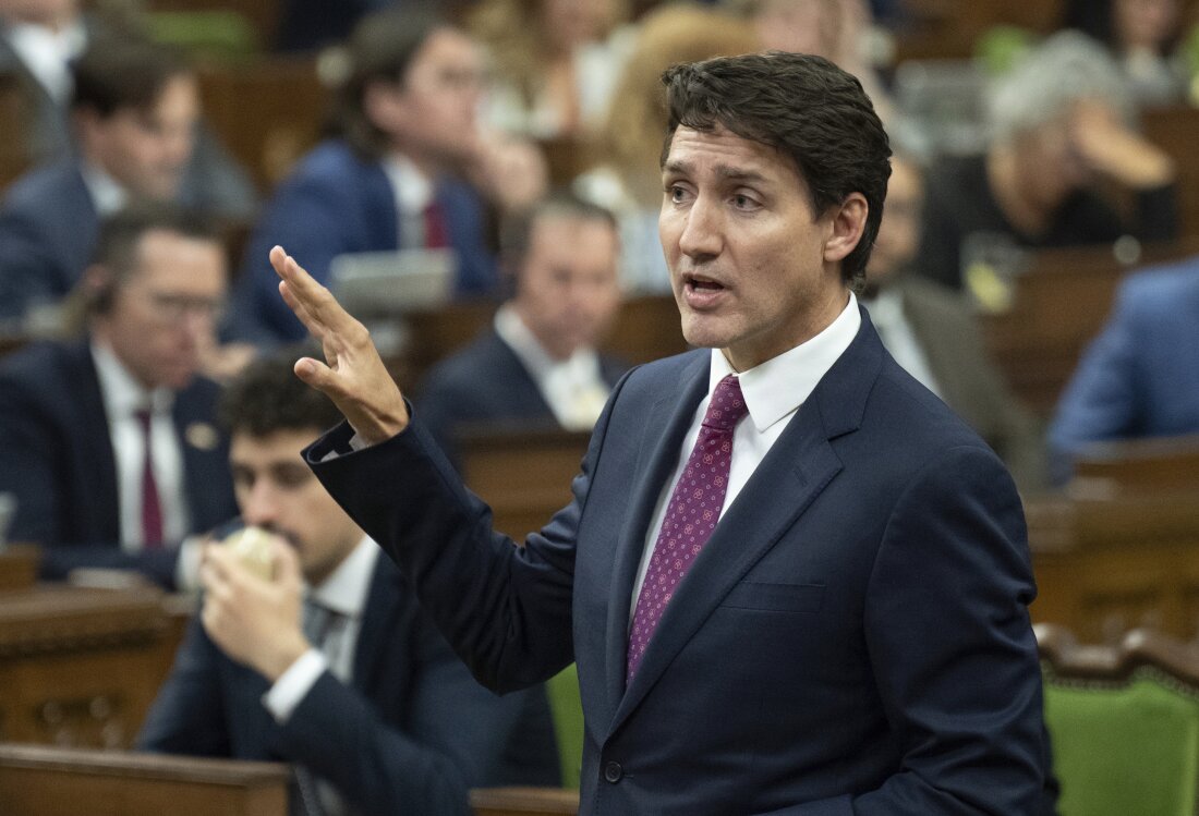 Canada Prime Minister Justin Trudeau rises during Question Period in Ottawa, Tuesday, Oct. 22, 2024. (Adrian Wyld/The Canadian Press via AP)