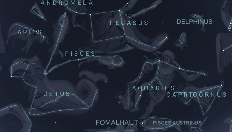 Celestial ocean: Star map with constellation figures shown of the watery constellations in the autumn sky.