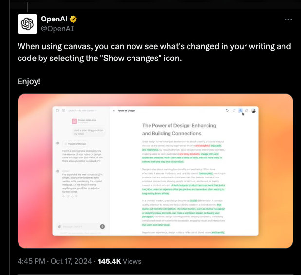 ChatGPT’s Canvas now shows tracked changes