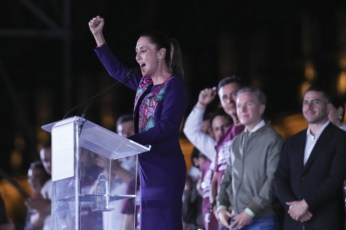 FILE - Ruling party presidential candidate Claudia Sheinbaum addresses supporters at the Zocalo, Mexico City's main square, after the National Electoral Institute announced she held an irreversible lead in the election, June 3, 2024.